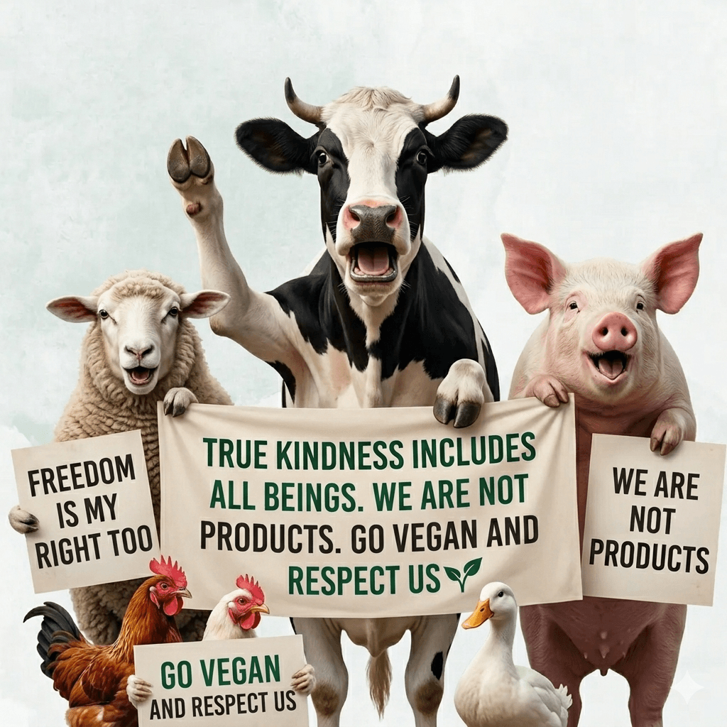 A digital illustration of vocal farm animals—including a cow, pig, sheep, ducks, and chickens—holding protest banners and signs with pro-vegan messages against a light gray background. The central banner reads: "TRUE KINDNESS INCLUDES ALL BEINGS. WE ARE NOT PRODUCTS. GO VEGAN AND RESPECT US."